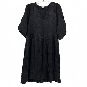Altar Houseline Black Floral Satin Jacquard Puff Sleeve Mini Dress | OS